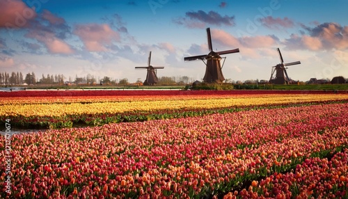 Colorful tulip fields stretch as far as the eye can see beneath a clear blue sky and gentle clouds.