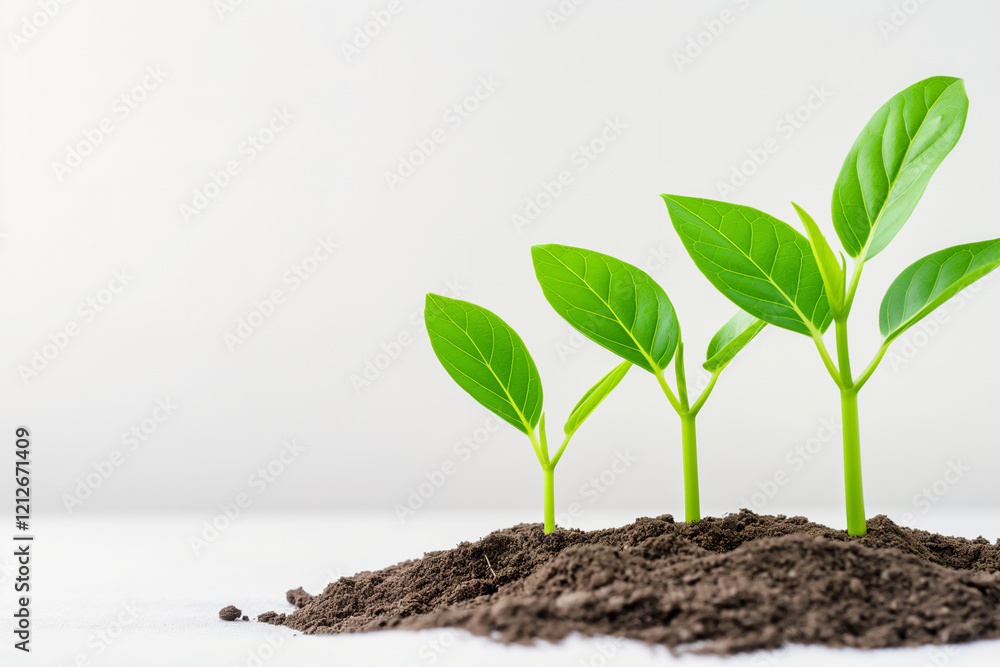 Young green seedlings sprouting from a small pile of soil against a clean white background, symbolizing growth, new beginnings, and sustainability. Copy Space Young green seedlings sprouting from a small pile of soil against a clean white background, symbolizing growth, new beginnings, and sustainability. Copy Space