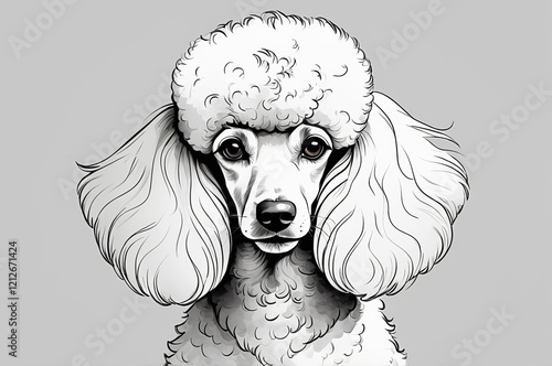 A black and white sketch of a poodle portrait on a white background. Coloring, tattoo, drawing photo