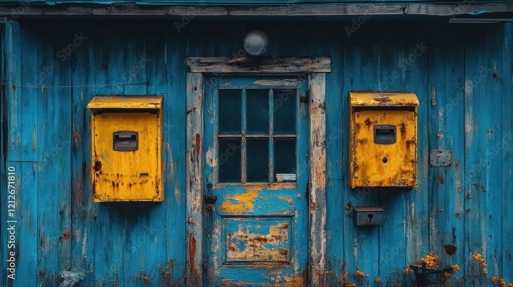 Rustic blue house, weathered door, yellow mailboxes, autumn leaves, postcard Rustic blue house, weathered door, yellow mailboxes, autumn leaves, postcard