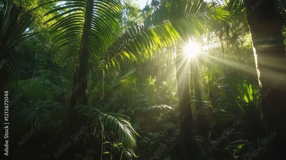 Naklejka premium Sunbeams Illuminate Lush Tropical Rainforest Canopy