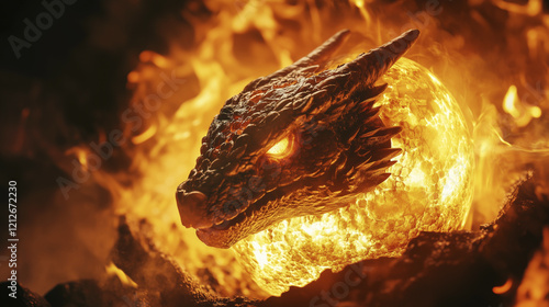 Dragon egg with coming out of it. Egg, dragon, dark, background flame, fire, earth, sparks. Fire sparked by flame on the earth. Dragon with a glowing egg in the background of a dark fire. Lifestyle. photo