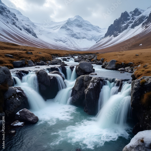 Cascade glacée sur la rivière Coupall avec Buachaille Etive Mòr et Stob Dearg en arrière-plan, Glen Coe, Highlands, Écosse photo