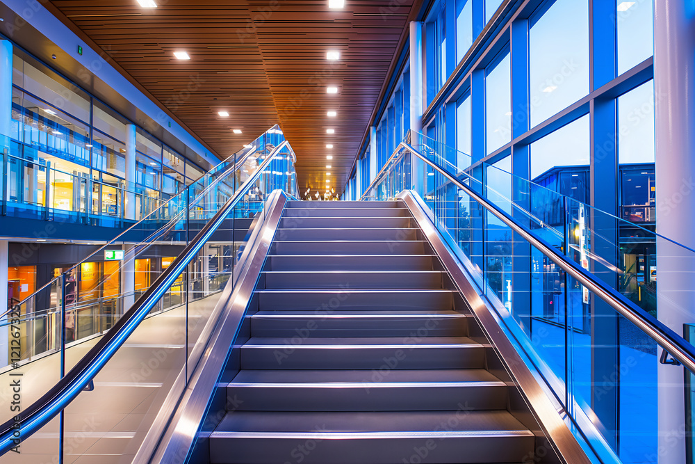 A modern staircase with sleek metal railings and illuminated steps, surrounded by glass walls and a wooden ceiling, in a spacious and bright architectural interior. Copy Space A modern staircase with sleek metal railings and illuminated steps, surrounded by glass walls and a wooden ceiling, in a spacious and bright architectural interior. Copy Space