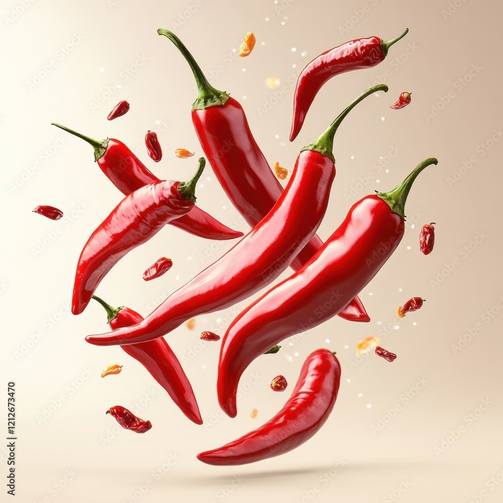 Vibrant red chili peppers flying in mid-air with light background and sparkling accents Vibrant red chili peppers flying in mid-air with light background and sparkling accents