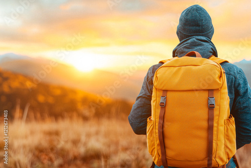 Person with Yellow Backpack at Sunset Overlooking Hills