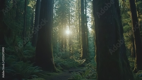 Sunlit Path Through a Lush Evergreen Forest photo