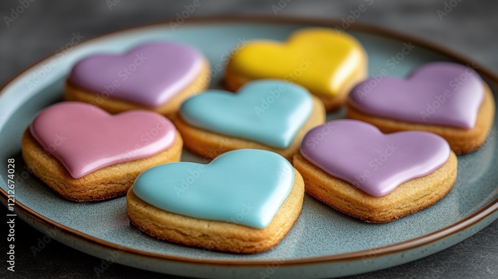 Colorful heart-shaped cookies on plate with pastel icing Colorful heart-shaped cookies on plate with pastel icing