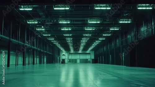 Vast Empty Industrial Space with Fluorescent Lighting photo