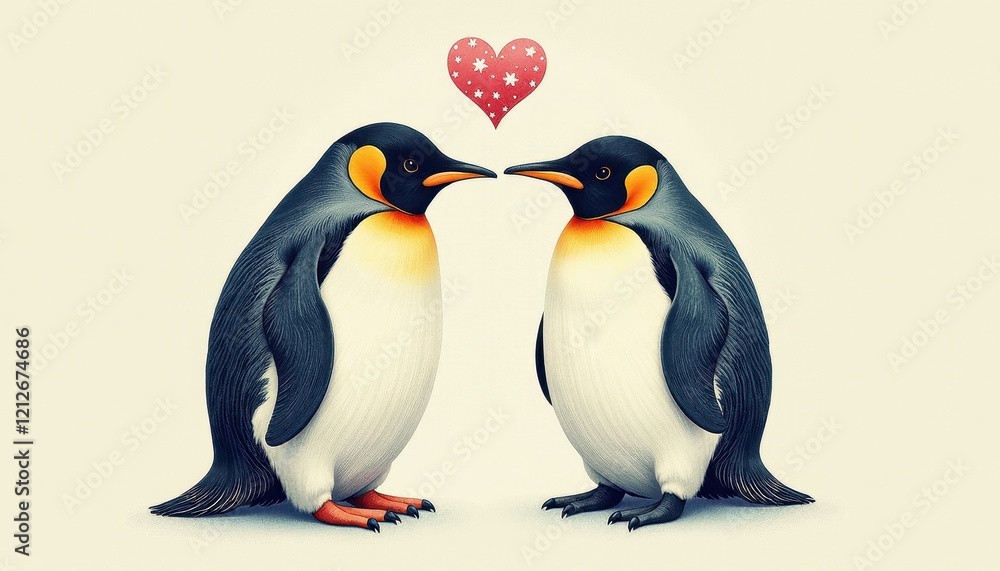 Fototapeta premium Two Penguins in Black, White, and Oran with Red Heart Background Against a White Canvas
