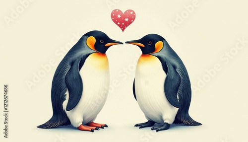 Two Penguins in Black, White, and Oran with Red Heart Background Against a White Canvas photo