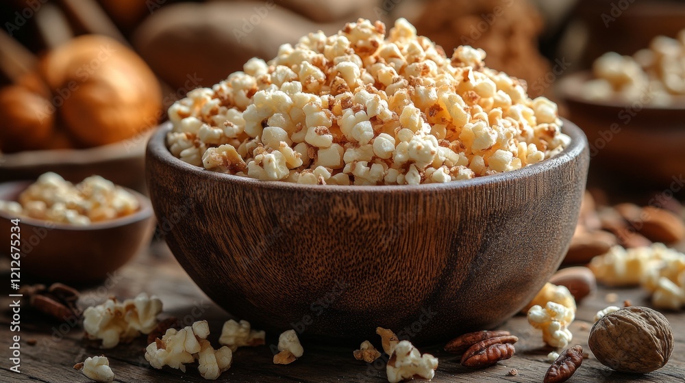 Bowl of freshly popped popcorn on a rustic table Bowl of freshly popped popcorn on a rustic table