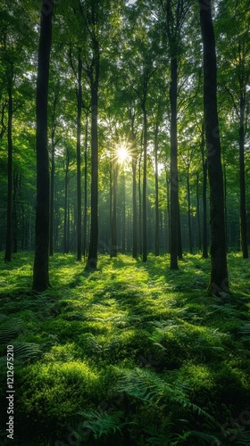 Tranquil sunlit fern forest with tall trees and lush greenery