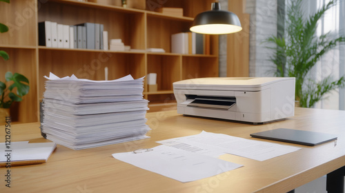 well lit office corner featuring printer, stacks of documents, and tablet on wooden desk, creating productive and organized workspace photo