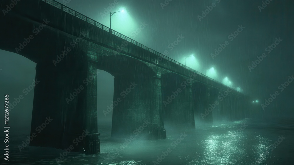 Rainy Night Bridge Atmospheric Scene Dark Waters Rainy Night Bridge Atmospheric Scene Dark Waters