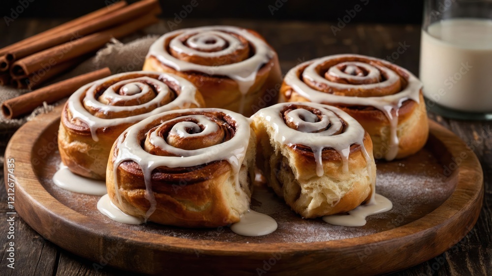 Delicious cinnamon rolls drizzled with icing on a wooden platter, perfect for dessert. Delicious cinnamon rolls drizzled with icing on a wooden platter, perfect for dessert.