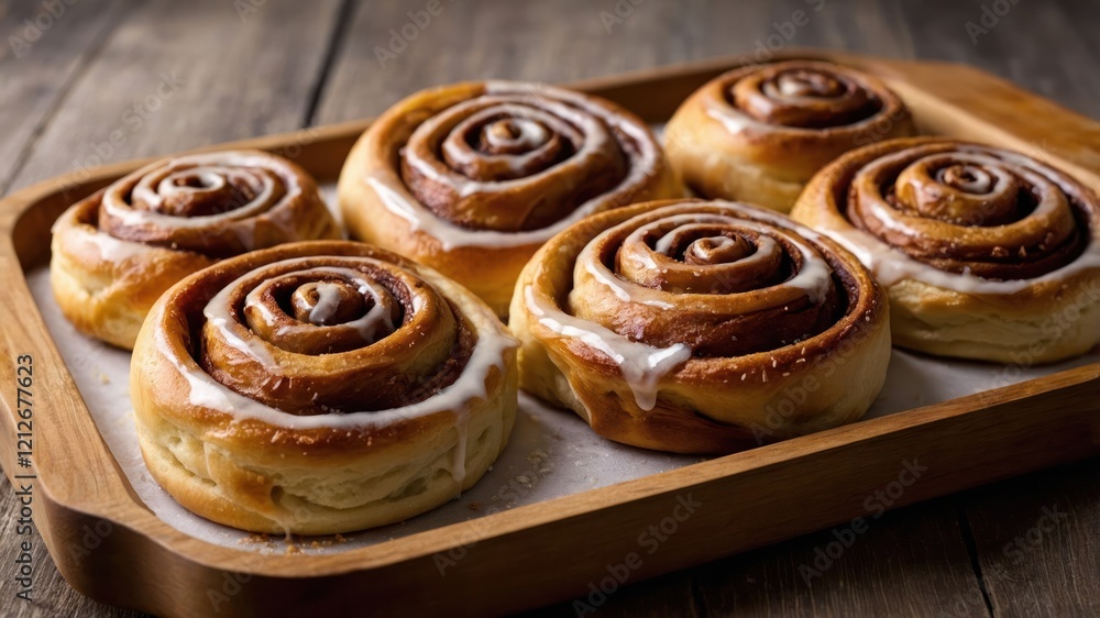A tray of freshly baked cinnamon rolls drizzled with icing, ready to be enjoyed. A tray of freshly baked cinnamon rolls drizzled with icing, ready to be enjoyed.