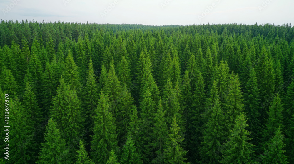 Fototapeta premium wide angle shot of lush green forest filled with tall coniferous trees, showcasing beauty of nature and tranquility of outdoors