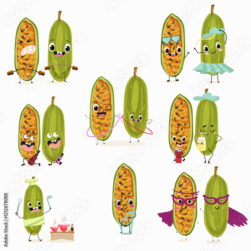 Kuruba fruit, funny fruit cute cheerful characters. Vector hand drawn illistration.