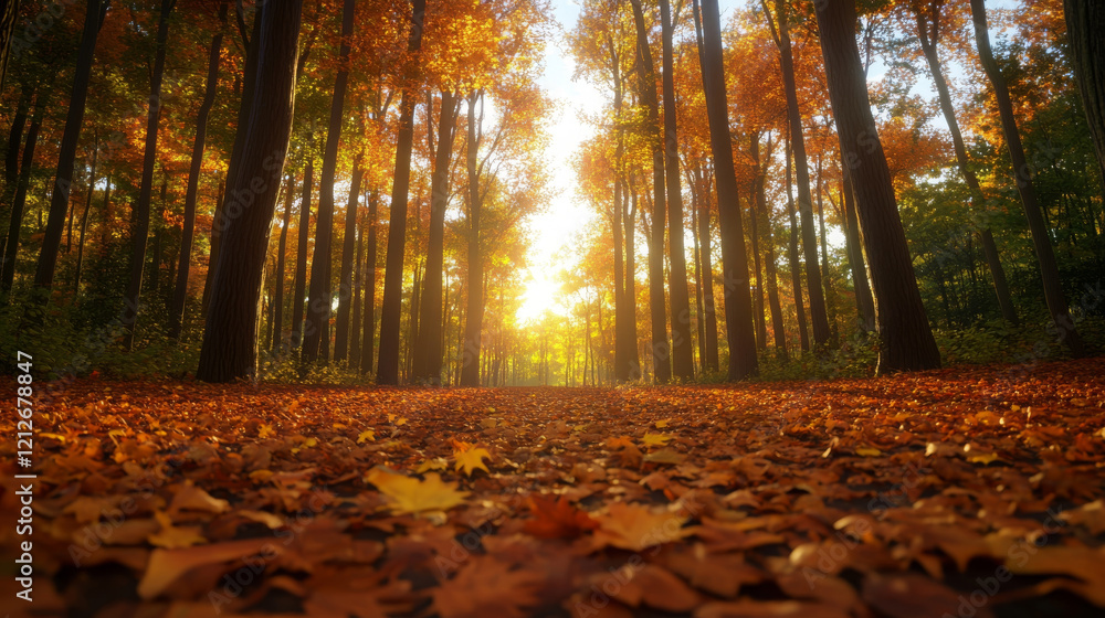 Obraz premium wide angle view of dense forest in autumn, showcasing vibrant orange and yellow leaves covering ground, with sunlight filtering through trees, creating warm and inviting atmosphere