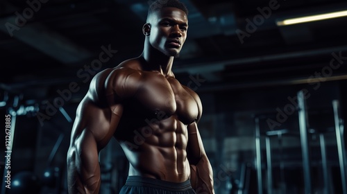 Muscular man with glistening skin in a gym, posing confidently and highlighting his defined physique and strength