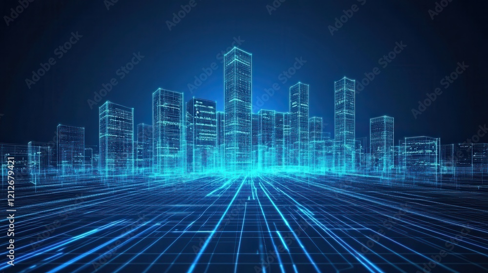 Digital Cityscape Wireframe Skyline Illuminated At Night