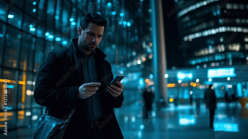 Man Using Smartphone at Night in City Setting Man Using Smartphone at Night in City Setting