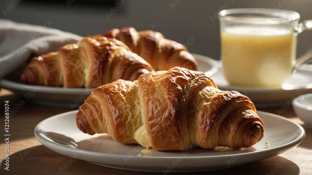 Freshly baked croissants on plates with a glass of milk, highlighting a cozy breakfast scene. Freshly baked croissants on plates with a glass of milk, highlighting a cozy breakfast scene.