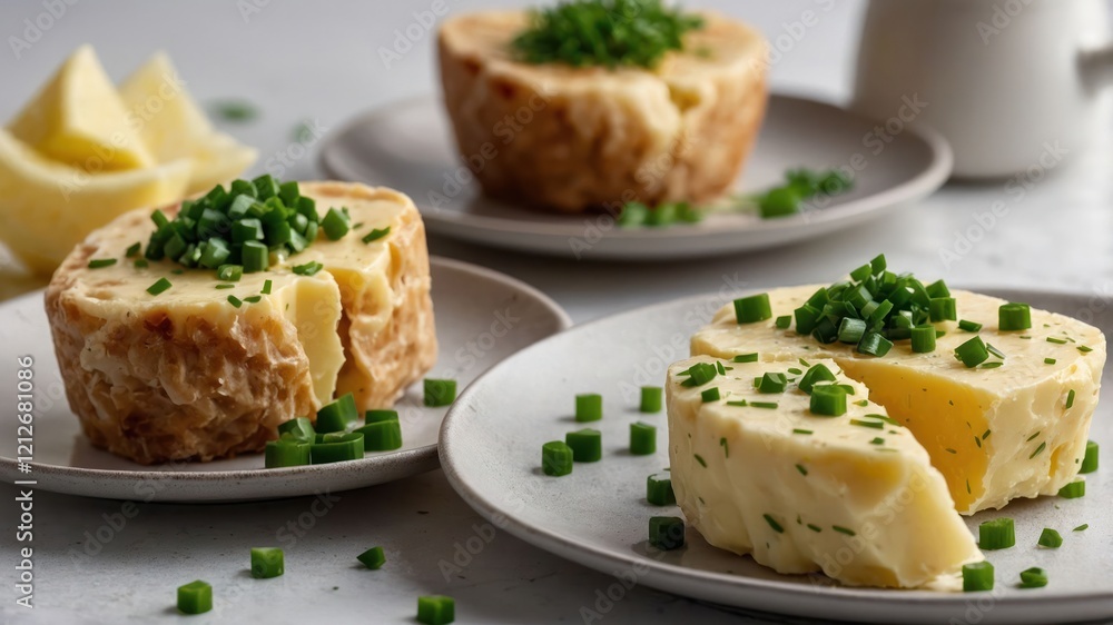 Three servings of creamy cheese topped with chopped chives on light plates. Three servings of creamy cheese topped with chopped chives on light plates.