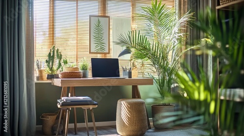 Sunlit Home Office Workspace With Lush Greenery