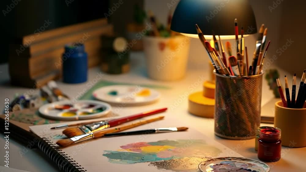 Creative painting session in warm lit studio with art supplies and colorful palette Creative painting session in warm lit studio with art supplies and colorful palette
