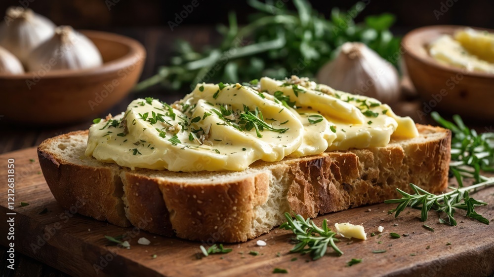 A slice of bread topped with creamy butter and herbs, presented on a wooden board. A slice of bread topped with creamy butter and herbs, presented on a wooden board.