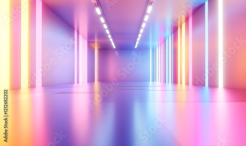 Colorful neon lights illuminate a futuristic corridor  reflecting on a glossy floor  ideal for backgrounds