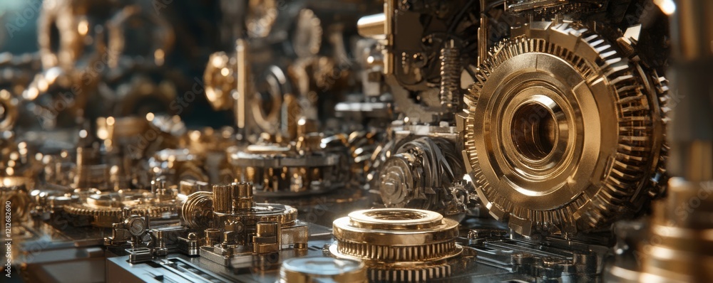 Close up view of intricate brass gears and machinery components in a workshop setting