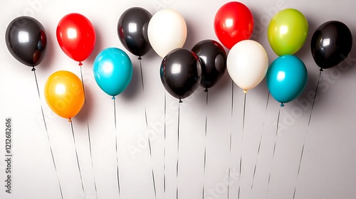 Minimalistic arrangement of black, red, blue, yellow, green, orange, and white balloons, evenly spaced and floating against a light gray background photo