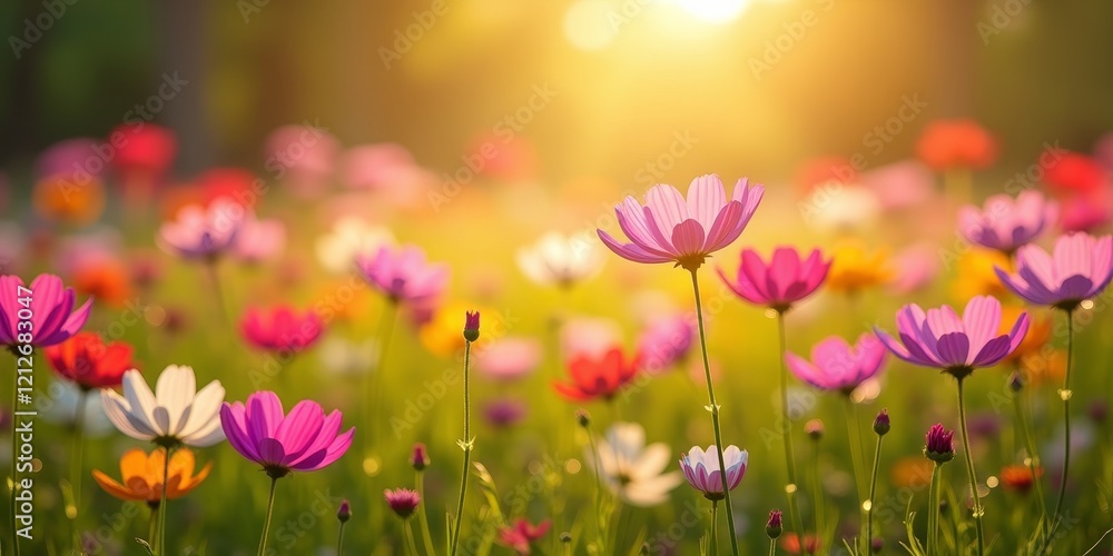 Fototapeta premium Vibrant cosmos flowers in a lush field, bathed in warm sunlight