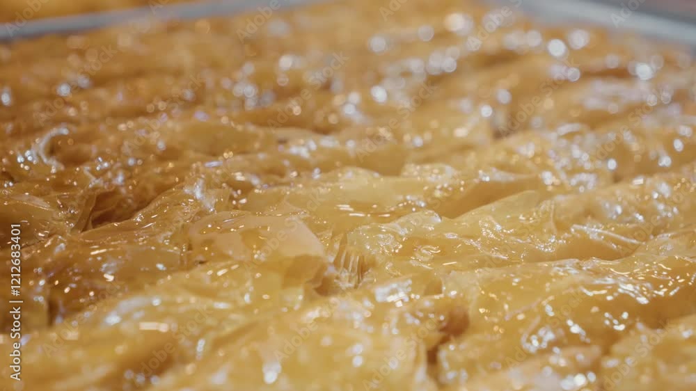 Close up of baklava, a sweet pastry made of layers of filo filled with chopped nuts and sweetened with syrup or honey, displayed in a shop window Close up of baklava, a sweet pastry made of layers of filo filled with chopped nuts and sweetened with syrup or honey, displayed in a shop window