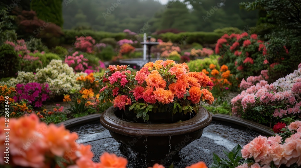 A vibrant private garden with colorful flowers and a fountain A vibrant private garden with colorful flowers and a fountain