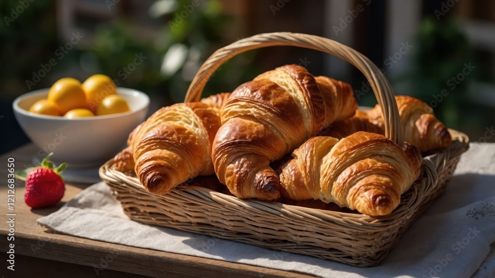A basket filled with freshly baked croissants and a bowl of yellow fruits on a table. A basket filled with freshly baked croissants and a bowl of yellow fruits on a table.
