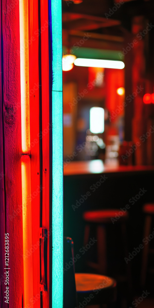 Vibrant neon lights illuminating a rustic bar interior with wooden accents Vibrant neon lights illuminating a rustic bar interior with wooden accents