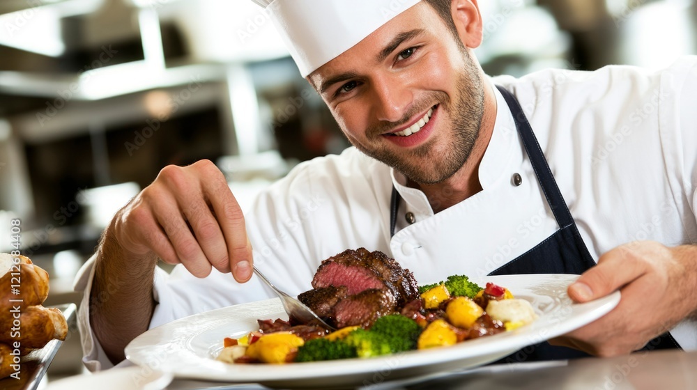 Chef Presenting Gourmet Steak Dish With Vegetables Chef Presenting Gourmet Steak Dish With Vegetables