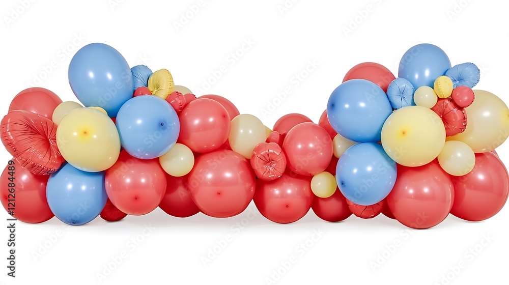 Obraz premium A delicate arrangement of balloons in muted red, blue, and yellow tones, softly lit and placed symmetrically against a white background