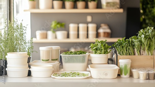 A clean display of compostable food containers styled with eco-friendly branding. picture photo