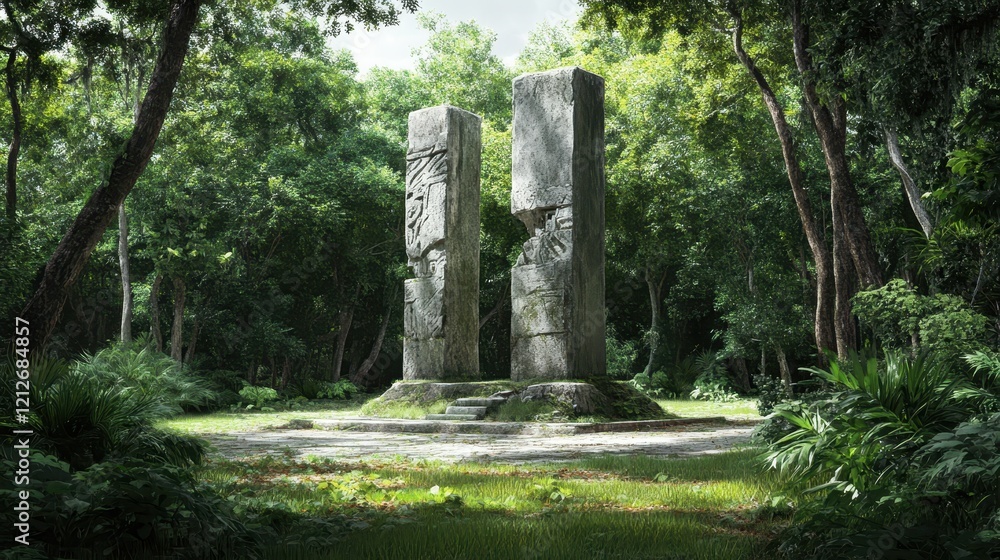 Ancient Stone Pillars Stand Tall In Lush Jungle Ancient Stone Pillars Stand Tall In Lush Jungle