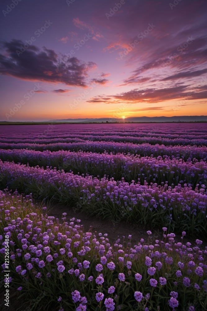 Obraz premium purple flowers in a field at sunset with a purple sky