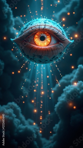 A glowing eye in the sky, surrounded by clouds and stars photo