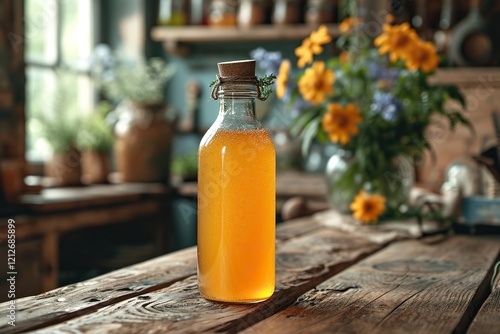 tasty Kombucha drink based on tea, in a old kitchen photo