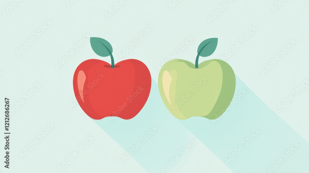 Obraz premium A minimalist flat design of apples, red and green, with subtle shadow effects on a clean background.