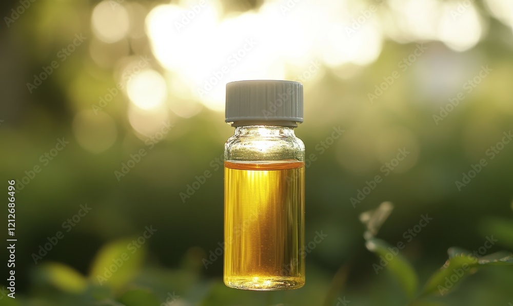 Close-up of vial with rose oil on a natural background Close-up of vial with rose oil on a natural background
