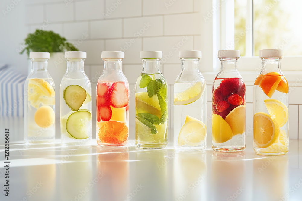 Refreshing infused water bottles with citrus, berries, and herbs on a sunny kitchen counter Refreshing infused water bottles with citrus, berries, and herbs on a sunny kitchen counter